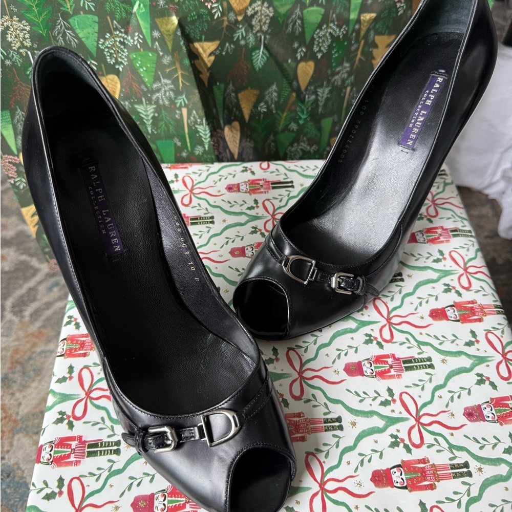 Ralph Lauren Purple Label Black Peep-Toe Horsebit Women's Heels